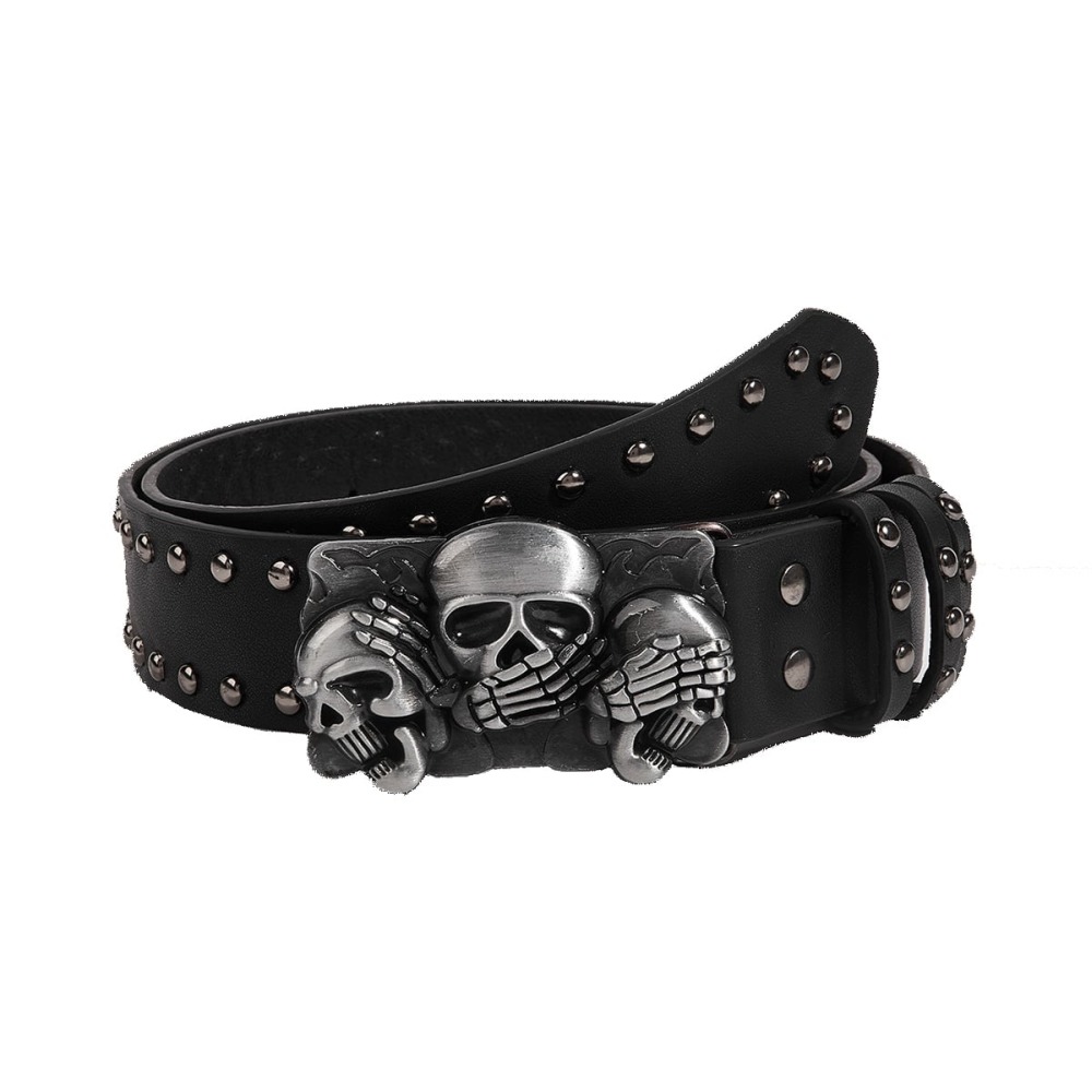 Zac's Alter Ego - PU Studded with Triple Skulls & Skeleton Hands Buckle Ceinture - Noir